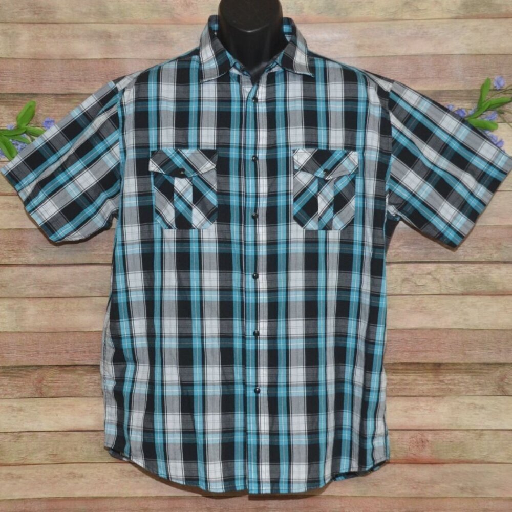Beverly Hills Polo Club Mens Blue Black Plaid Pearl Snap Western Shirt Size XL